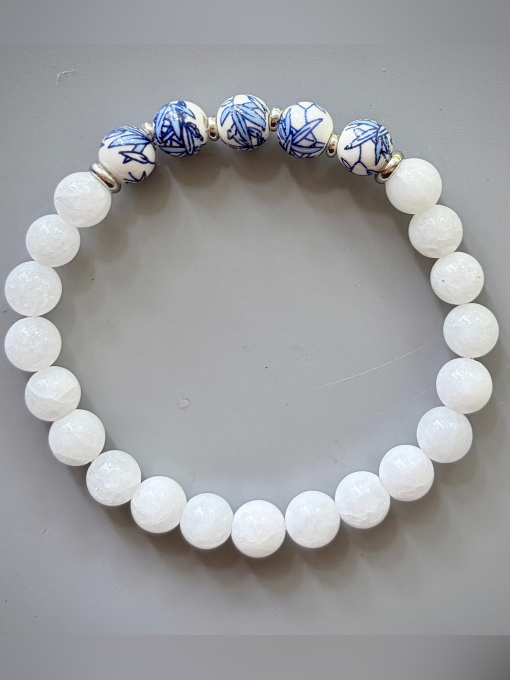 Elegant White Jade and White Blue Porcelain Handcrafted Beaded Bracelet